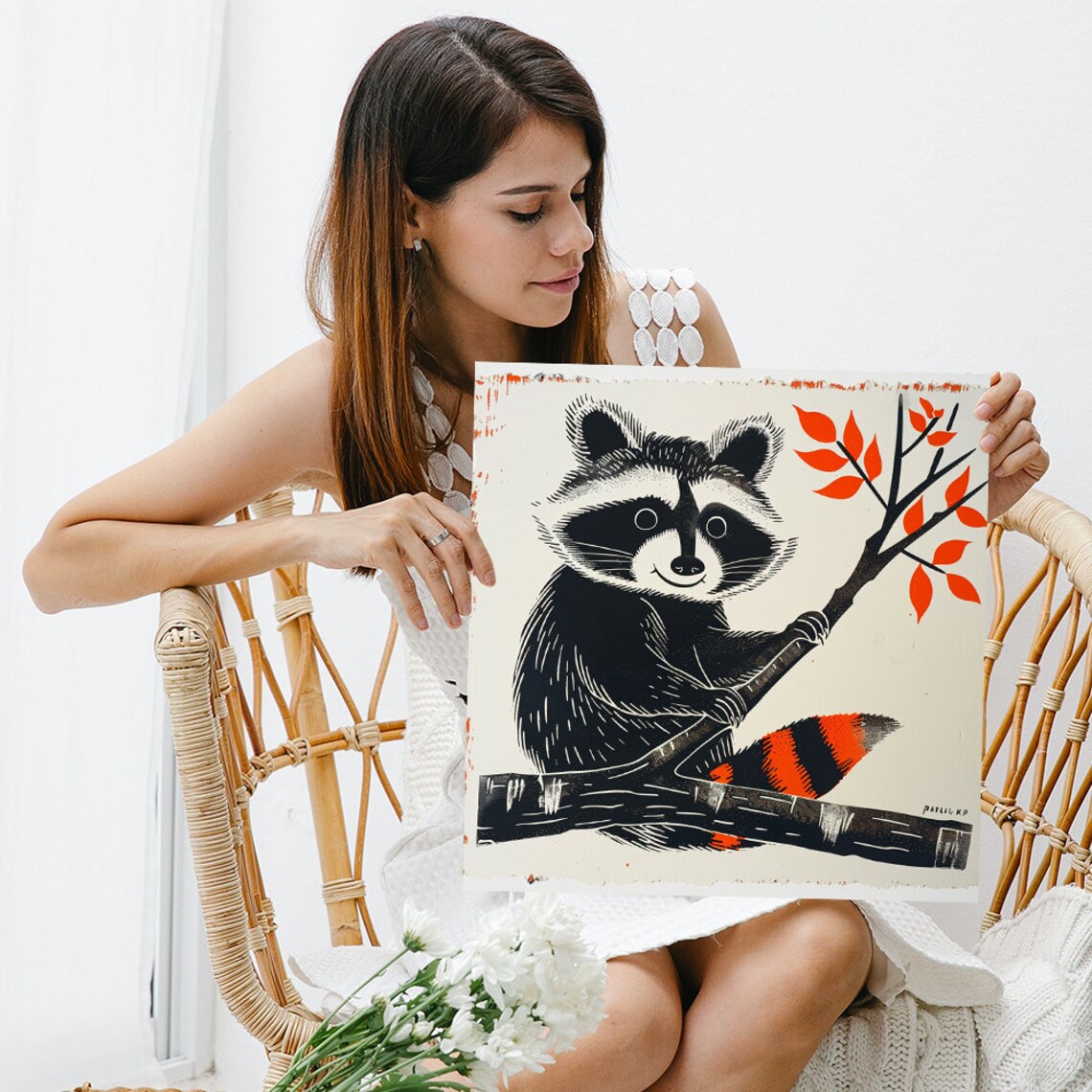 Smiling Raccoon On Branch Autumn Linocut Style Animal Art Poster - Image 3