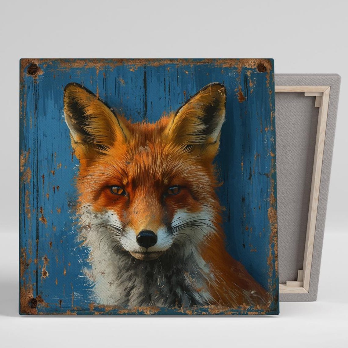 Red Fox Portrait On Distressed Blue Wood Rustic Nature Wall Poster