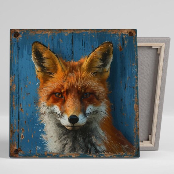 Red Fox Portrait On Distressed Blue Wood Rustic Nature Wall Poster