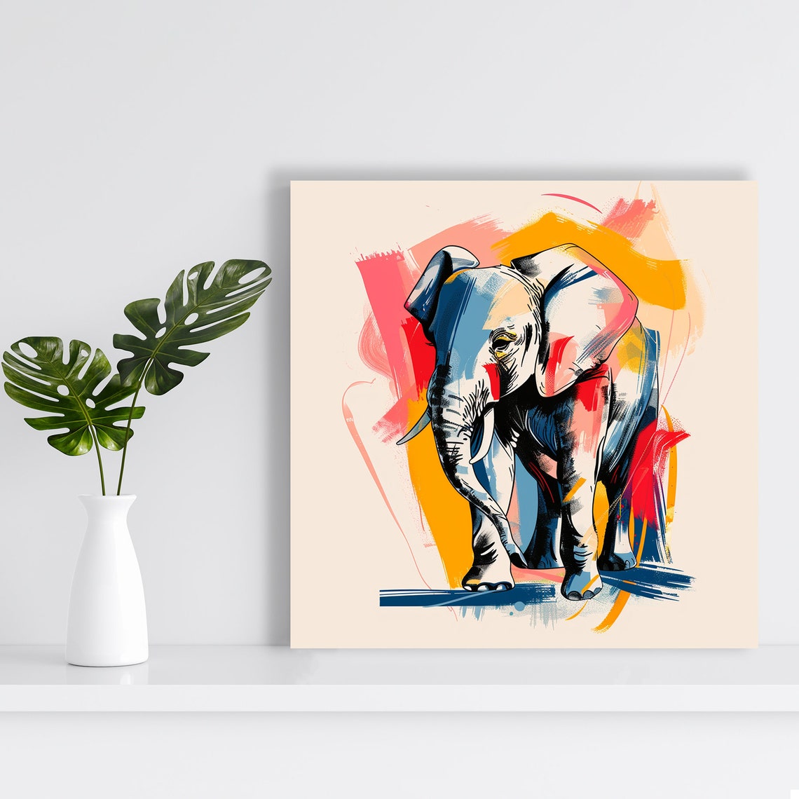 Watercolor Elephant Pink Yellow Blue Splash Gentle Art Poster - Image 2