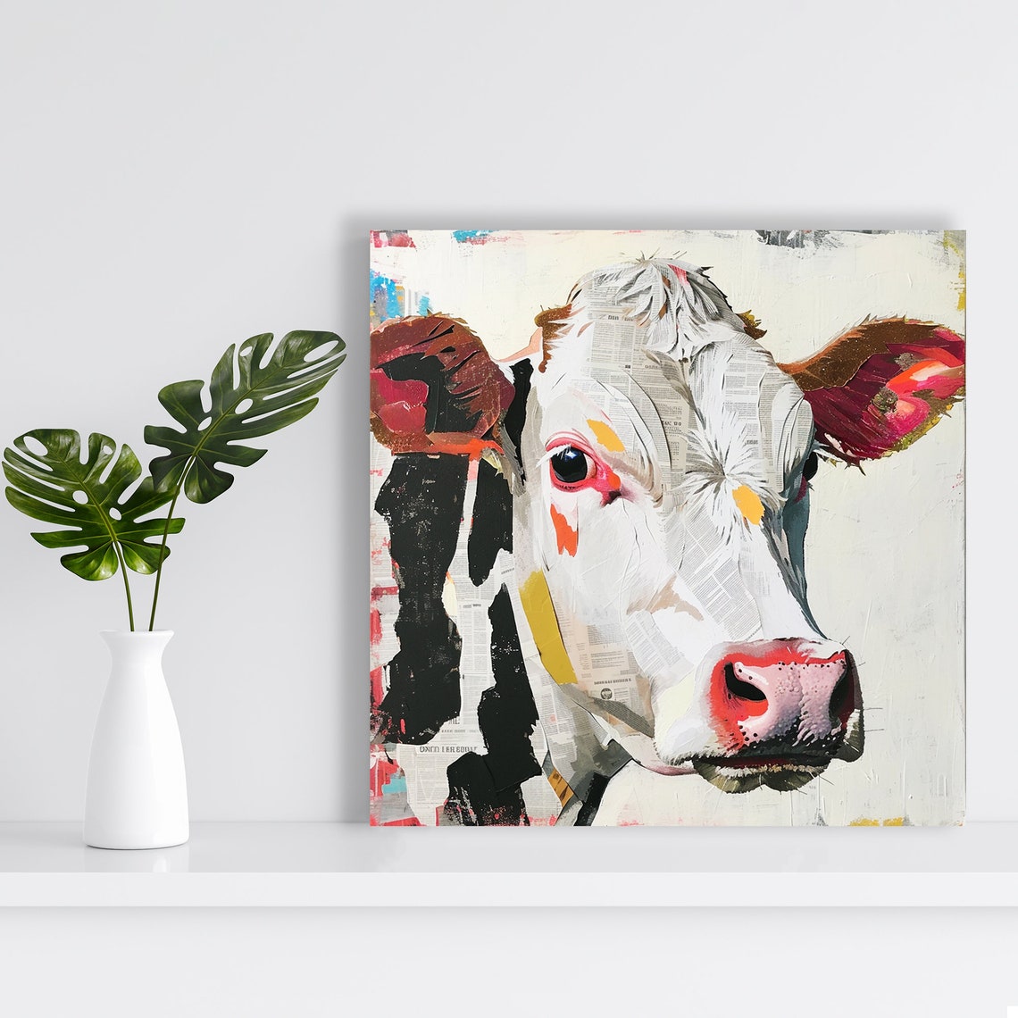 Cow Face Newspaper Collage Mixed Media Pop Art Portrait Poster - Image 2