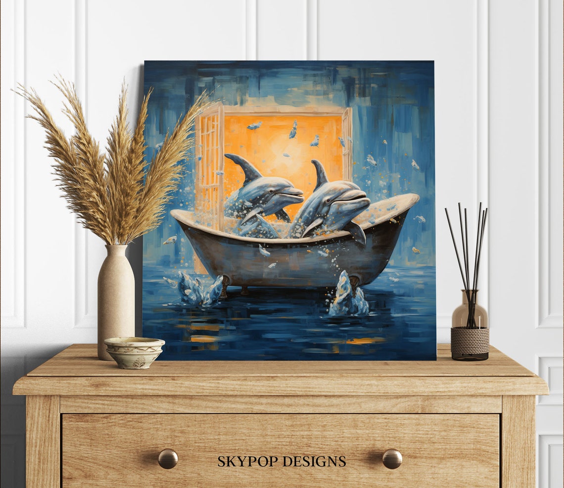 Two Dolphins Playing In Bathtub Whimsical Blue Bathroom Ocean Poster - Image 2