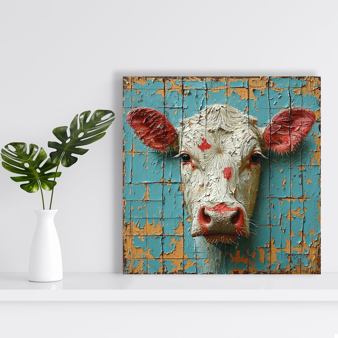 White Cow Portrait Distressed Turquoise Tile Rustic Farm Art Poster - Image 2