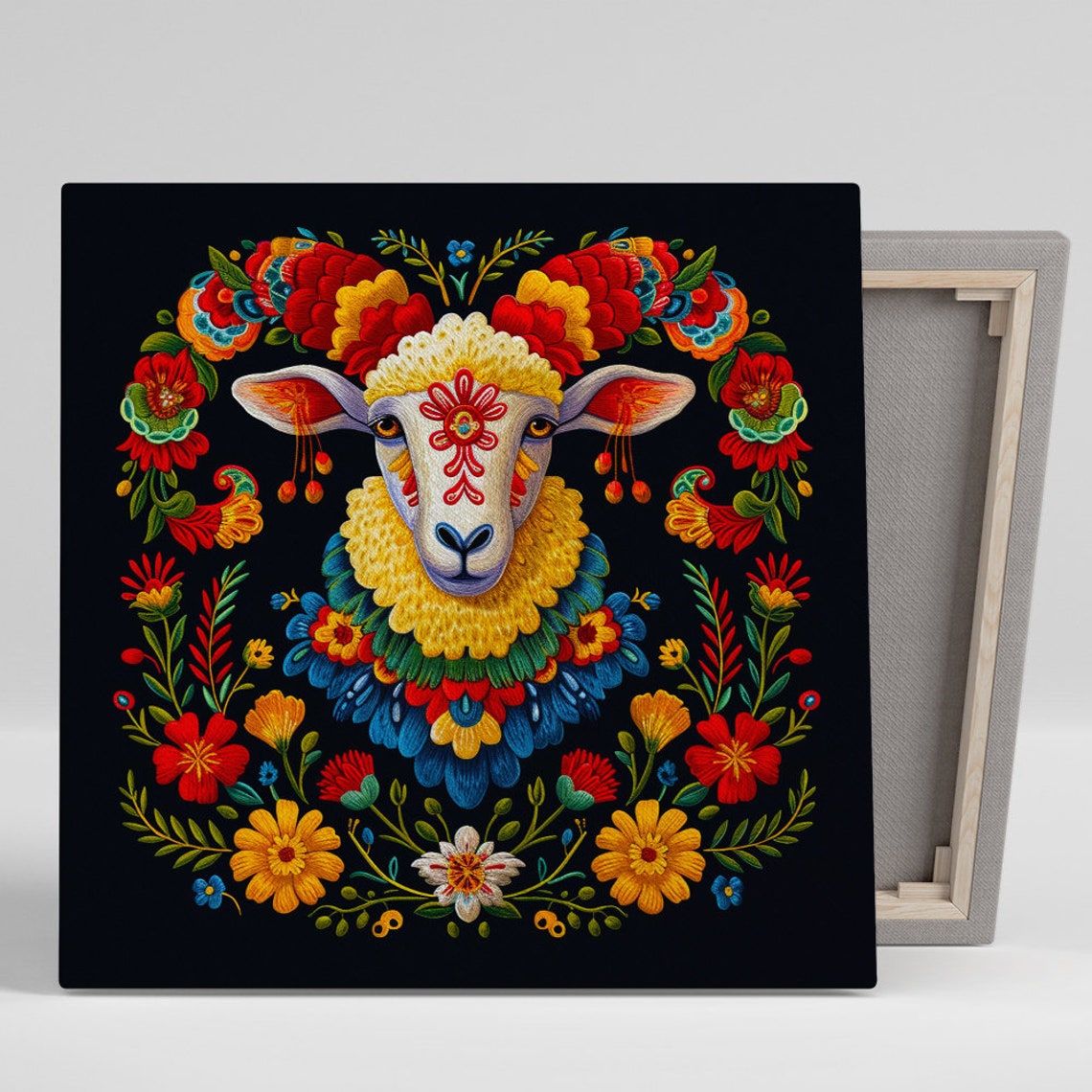 Folk Art Sheep Flower Collar Vibrant Embroidery Wall Art Poster