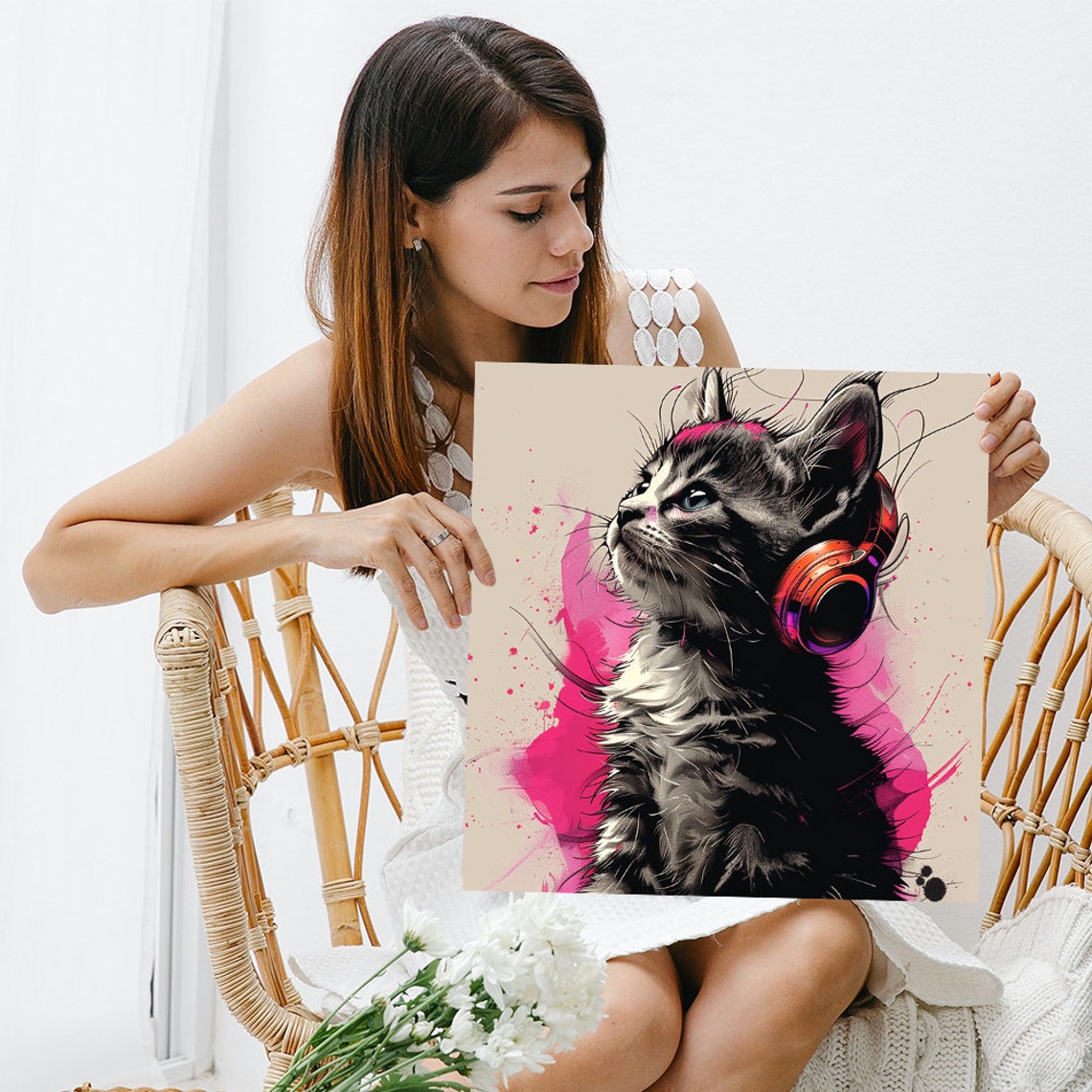 Kitten Wearing Headphones Pink Splash Modern Music Lover Wall Art - Image 3