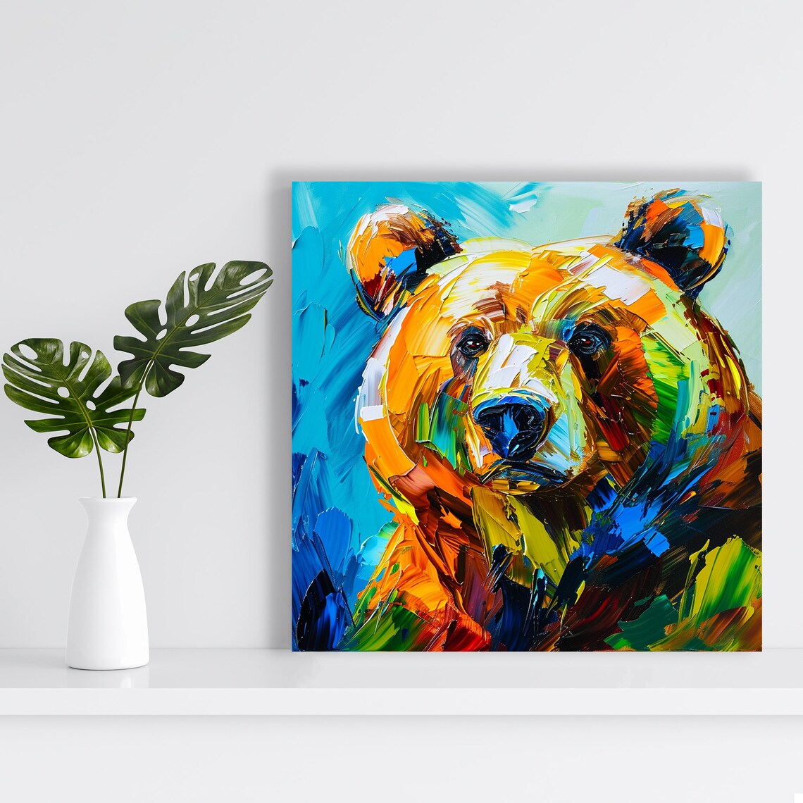Golden Bear Head In Bold Blue Orange Brushstrokes Expressive Impasto Poster - Image 2