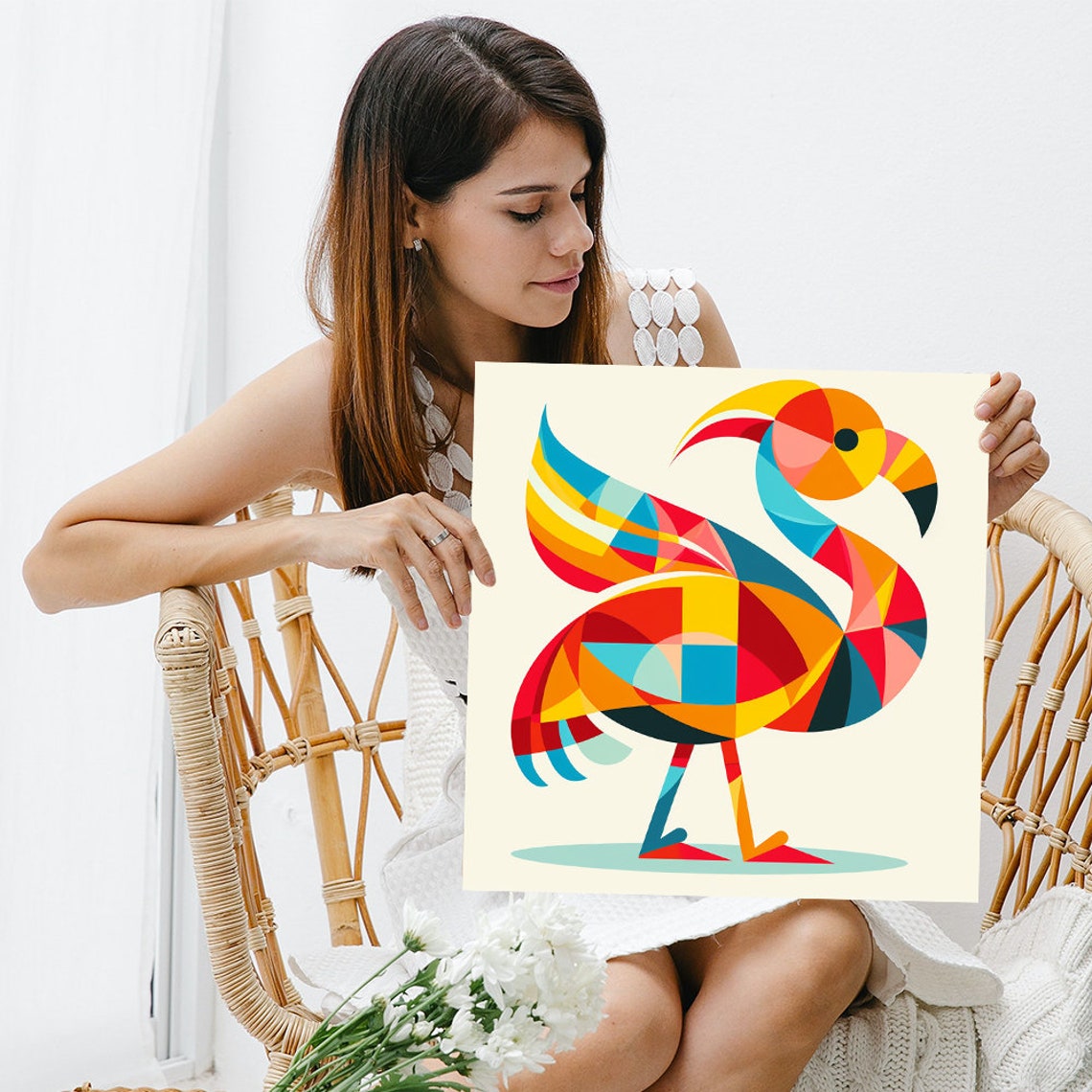 Vivid Geometric Mosaic Flamingo Red Yellow Teal Modern Art Poster - Image 3