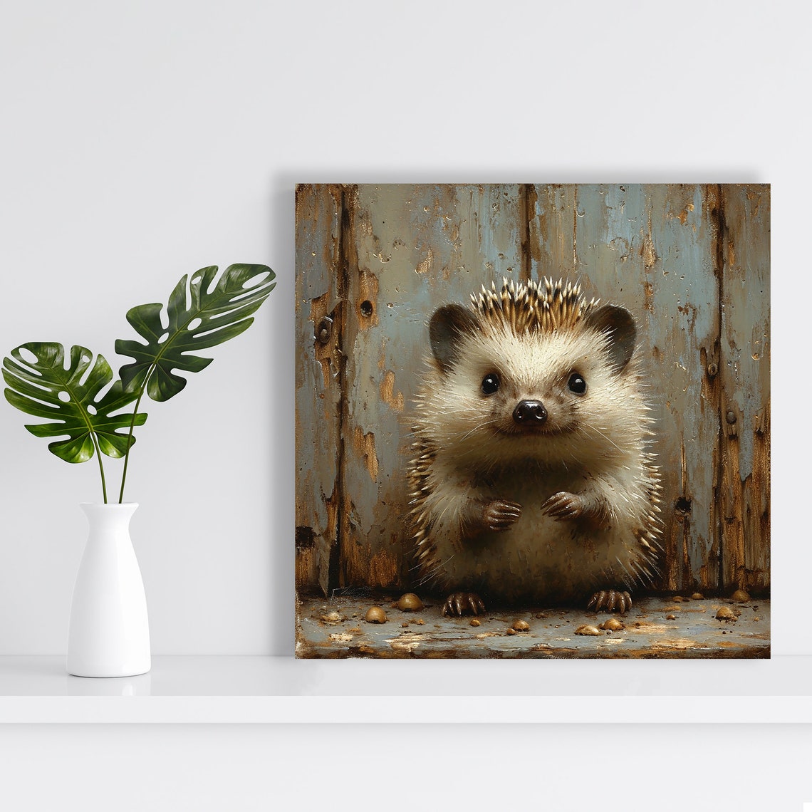 Curious Hedgehog Rustic Wooden Door Cute Animal Wall Art Poster - Image 2