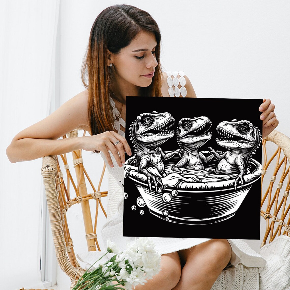 Dinosaur Hot Tub Party, Whimsical Wall Art Print - Image 3