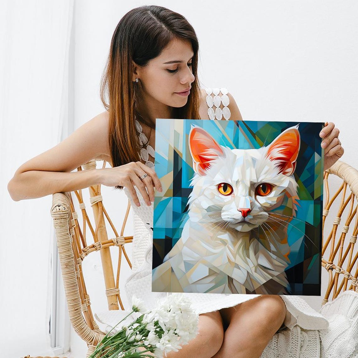 White Cat Geometric Mosaic Portrait Modern Abstract Wall Art Print - Image 3