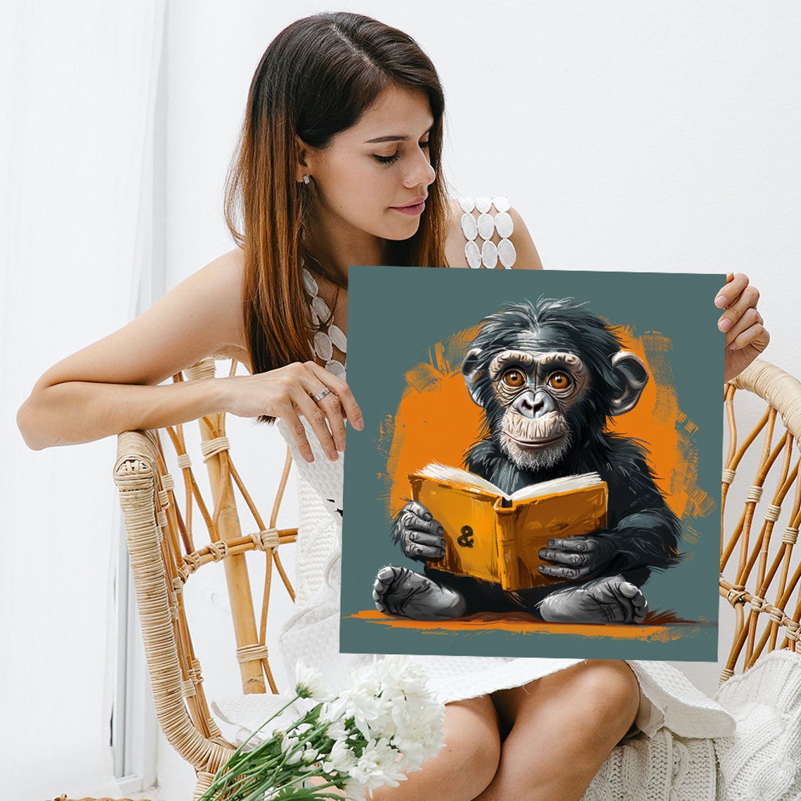 Chimpanzee Reading Book Poster Cute Baby Monkey Library Animal Decor - Image 3