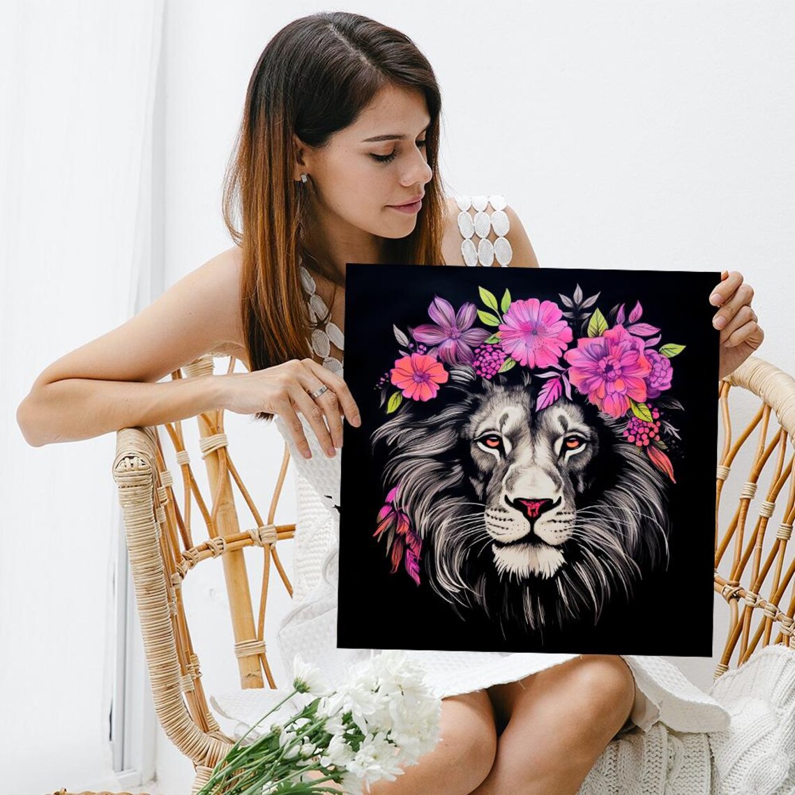 Floral Majesty Lion Crown Pink Wildflowers Bold Black Background Wall Poster - Image 3