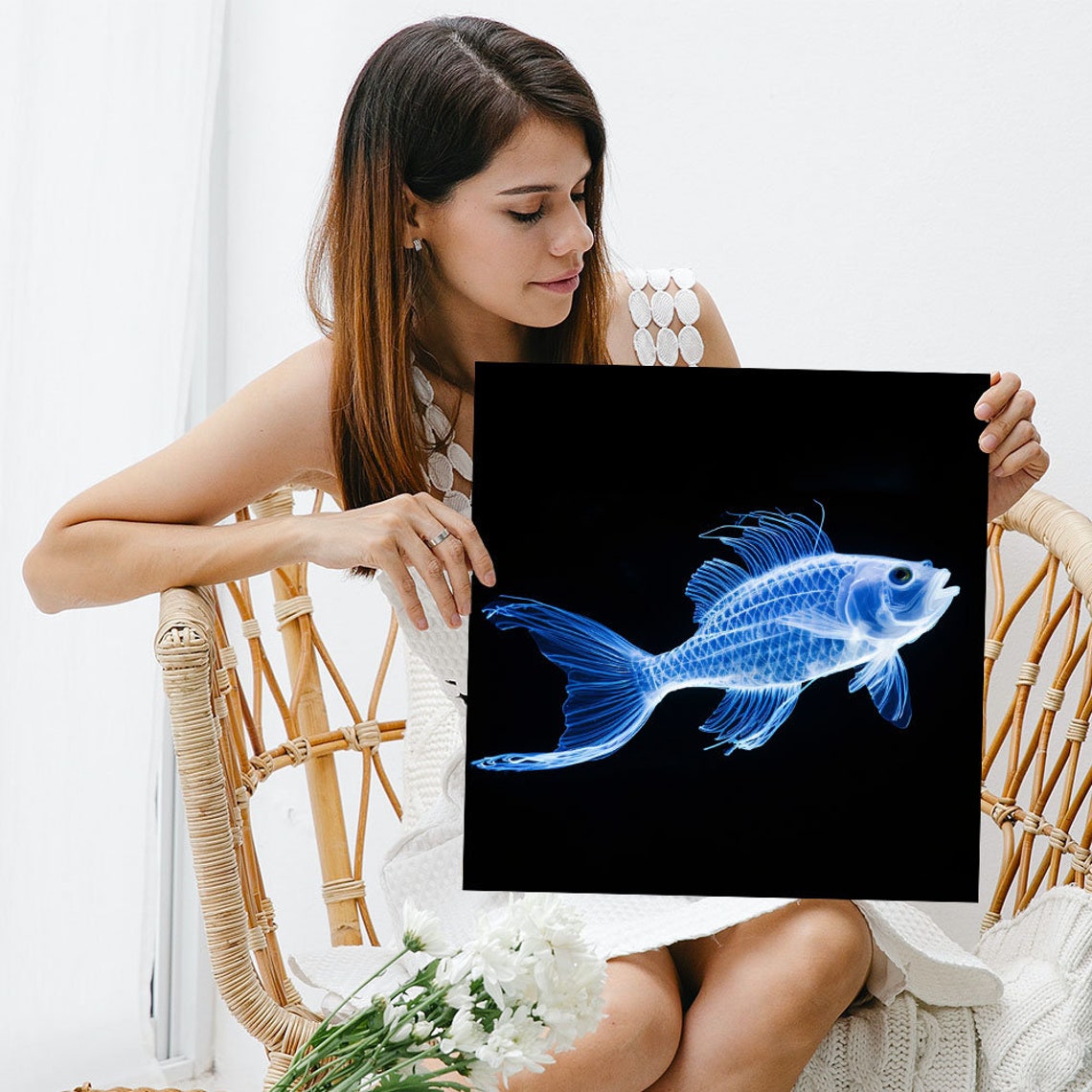 Glowing Neon Blue Fish X Ray Style Black Background Wall Poster - Image 3