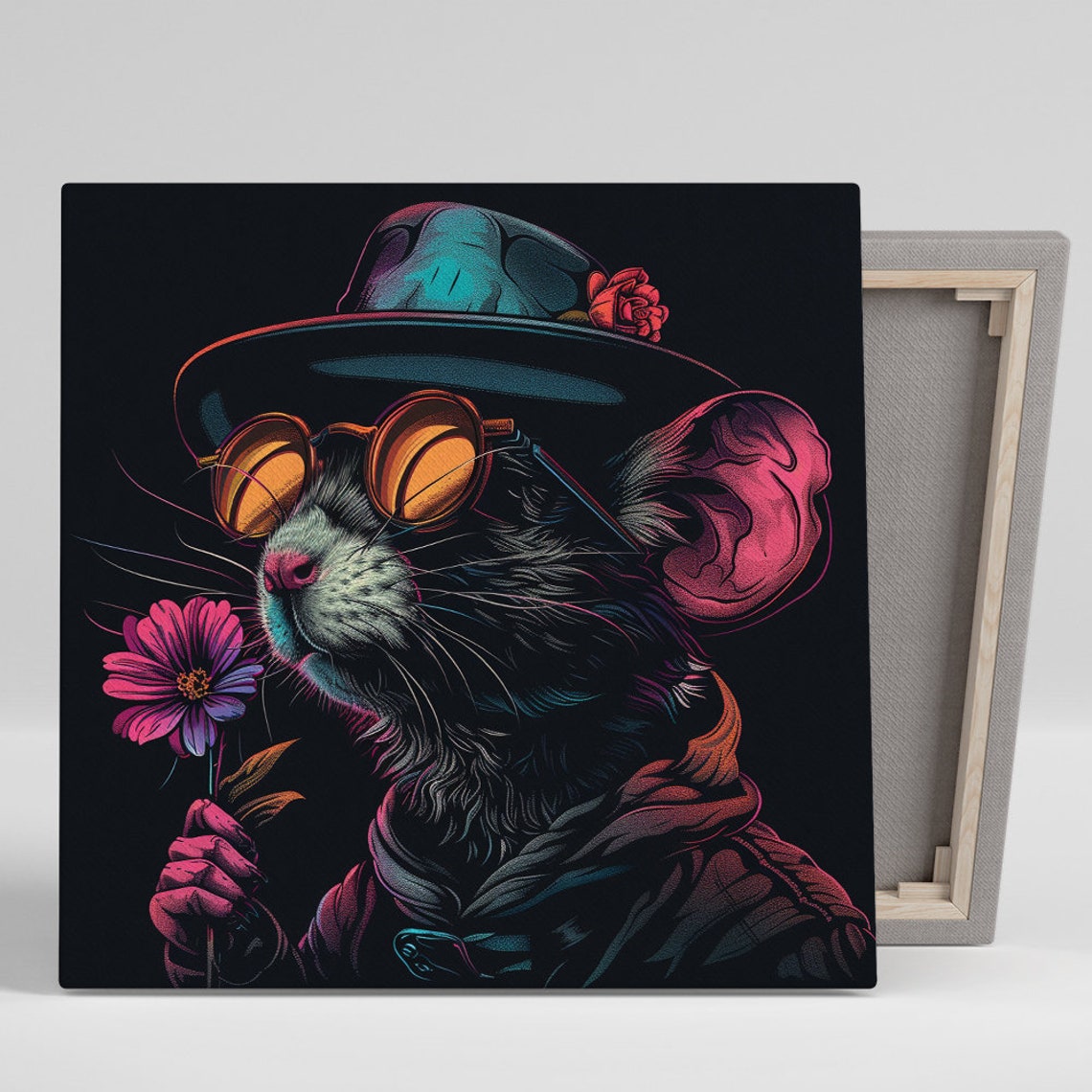 Dapper Mouse Neon Sunglasses Bowler Hat Rose Retro Night Pop Poster