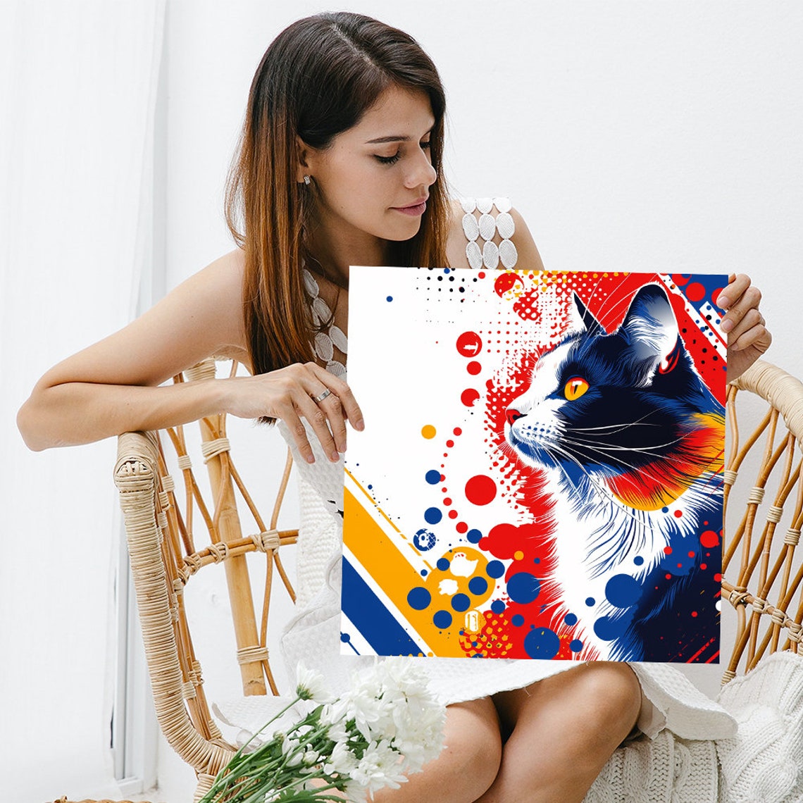 Pop Art Cat Halftone Dots Red Blue Yellow Bold Feline Wall Poster - Image 3
