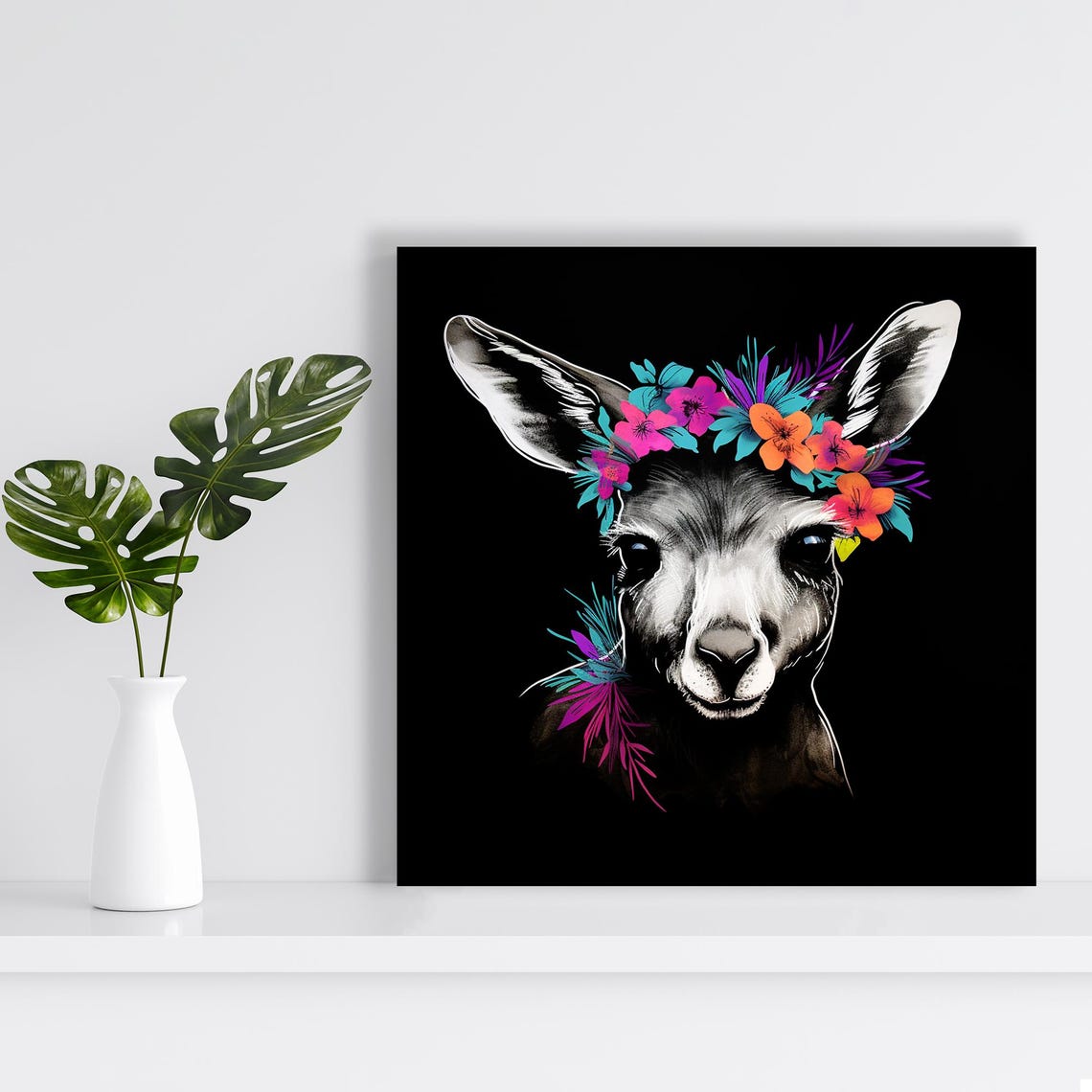Kangaroo Wearing Tropical Floral Crown Boho Black Animal Wall Poster - Image 2