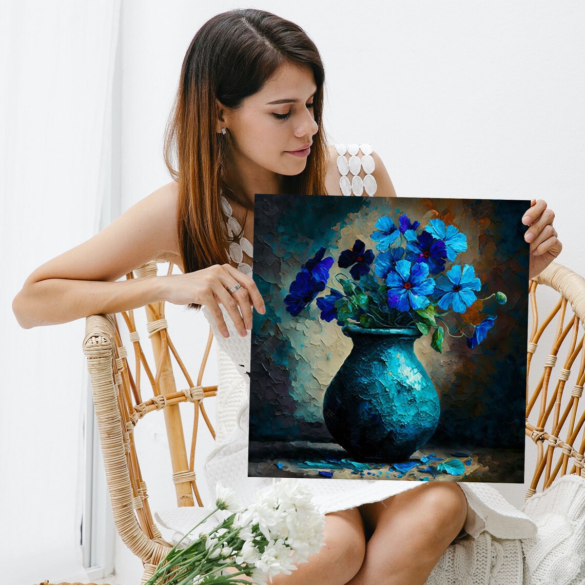 Blue Blossom Bouquet Textured Teal Vase Impasto Moody Floral Poster - Image 5