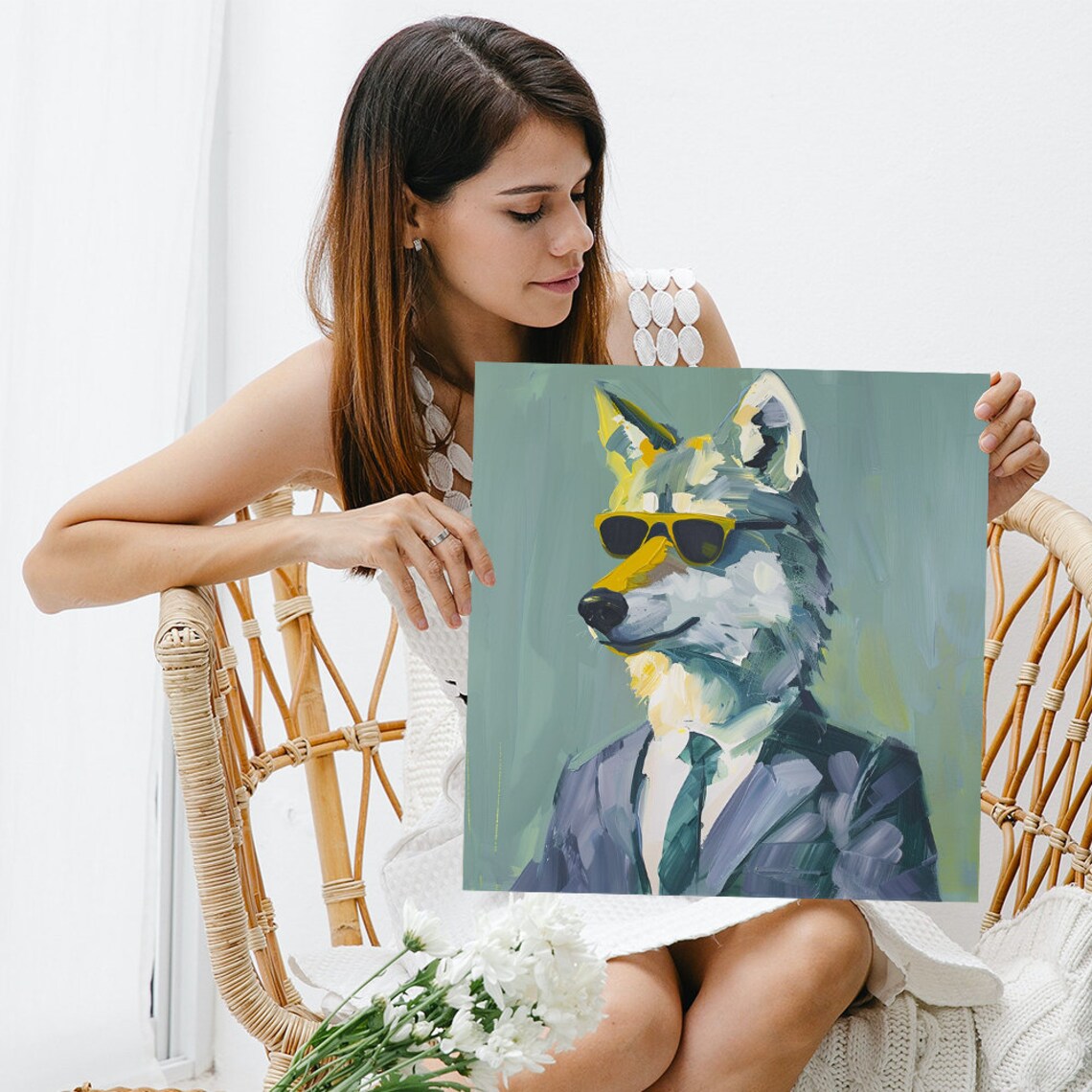 Cool Wolf Wearing Sunglasses Business Suit Portrait Painting Poster - Image 3