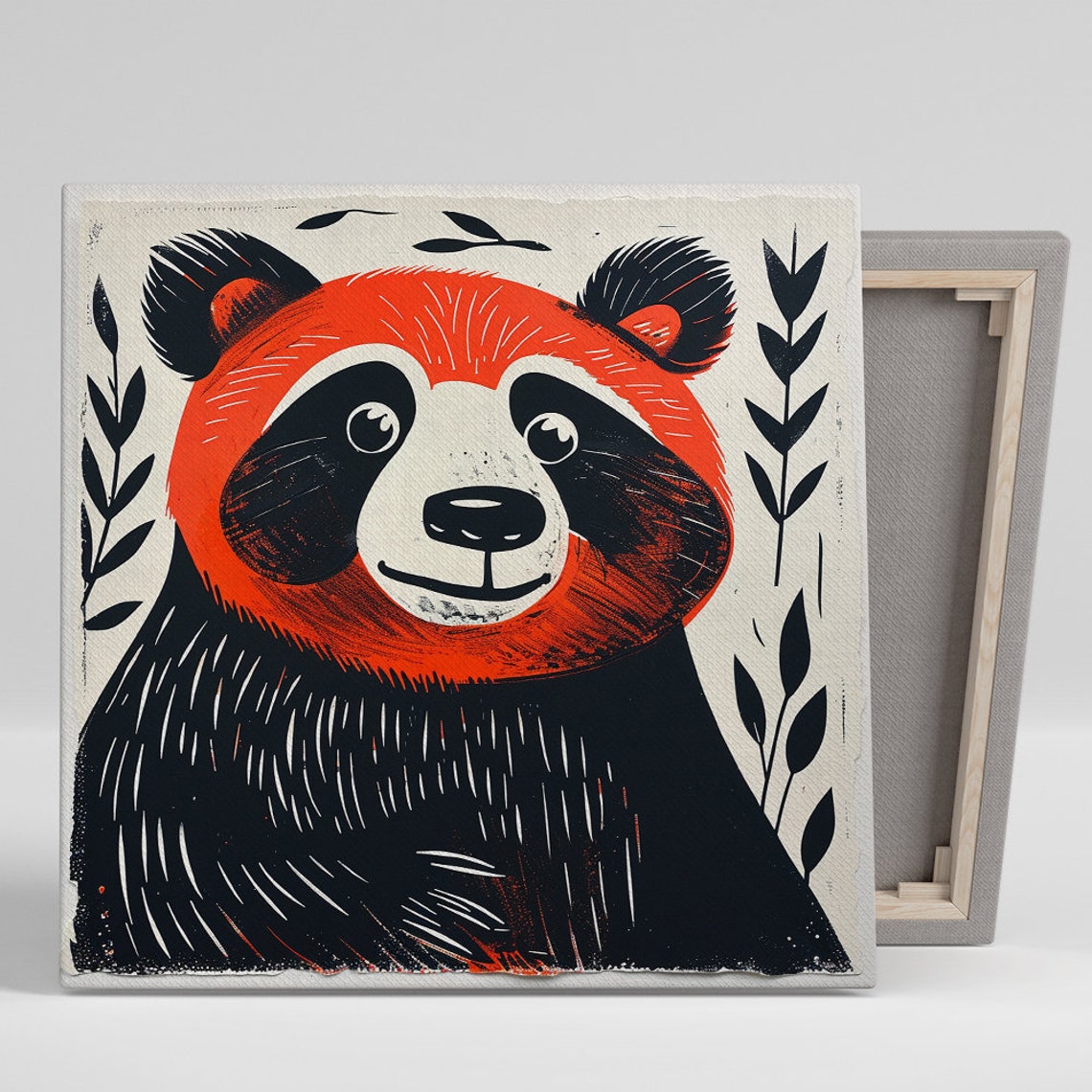 Smiling Red Panda Minimalist Linocut Black Orange Wall Poster