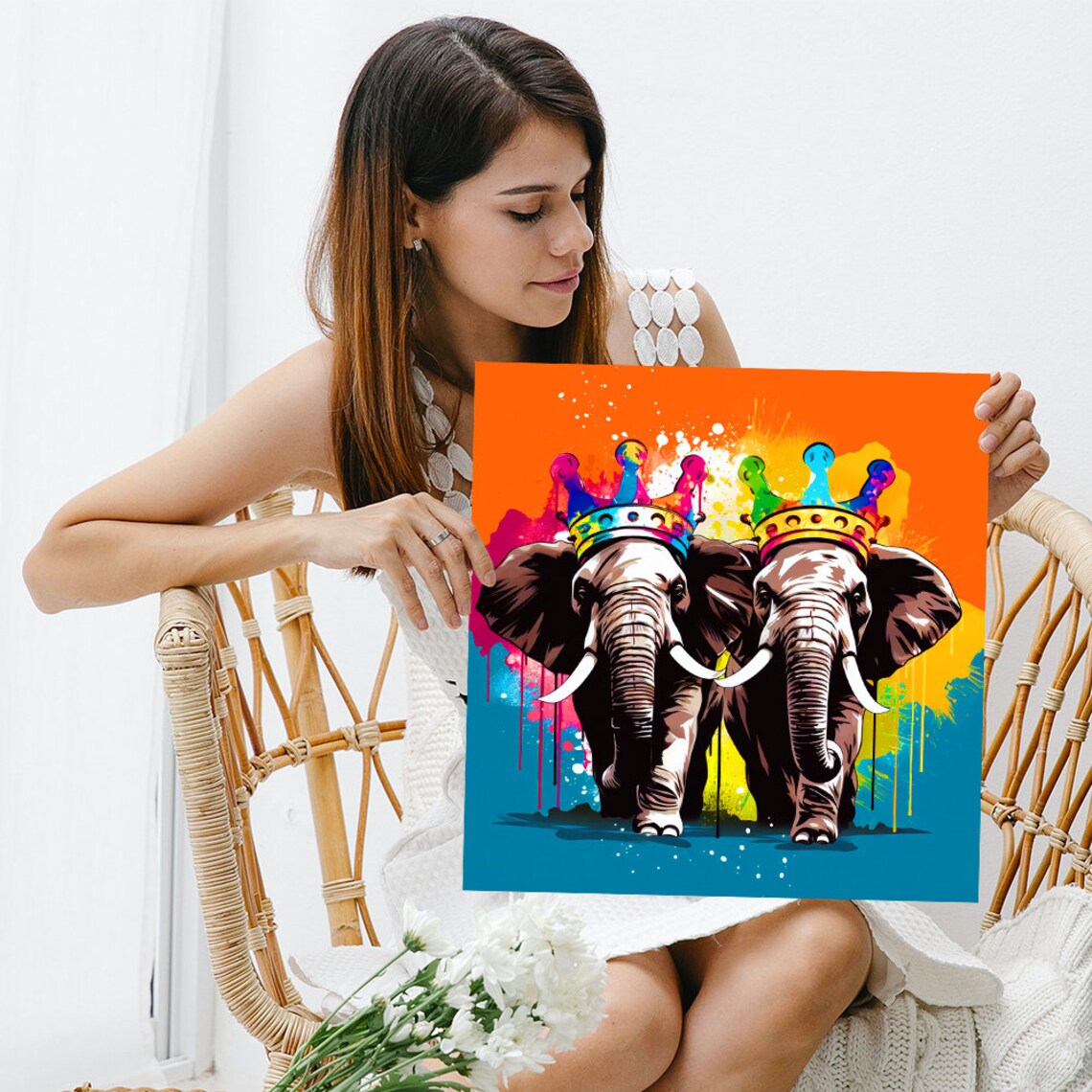 Two Crowned Elephants Rainbow Graffiti Crowns Bold Pop Art Color Splash Poster - Image 3