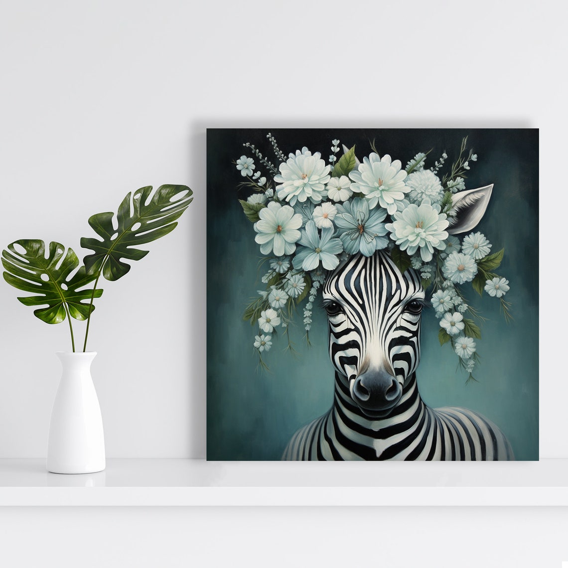 Zebra Flower Crown White Floral Elegant Dark Teal Animal Poster - Image 2