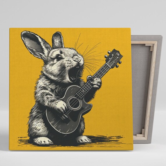Rockstar Rabbit Playing Guitar Vintage Music Sketch Yellow Poster