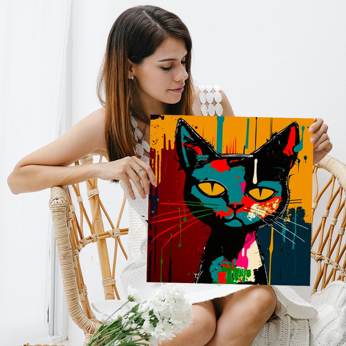 Black Cat Street Art Portrait Bold Turquoise Red Paint Drip Poster - Image 3