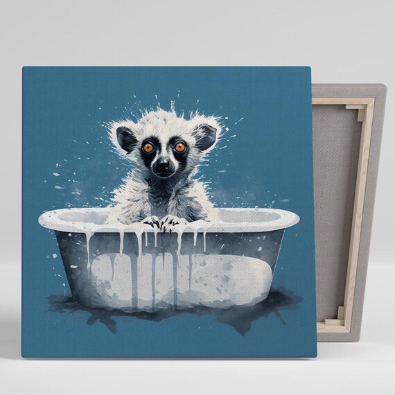 Lemur Bath Time Art Or Poster Whimsical Animal Decor Childrens Room Bathroom Living Room Wall Art White Blue Orange Minimalist