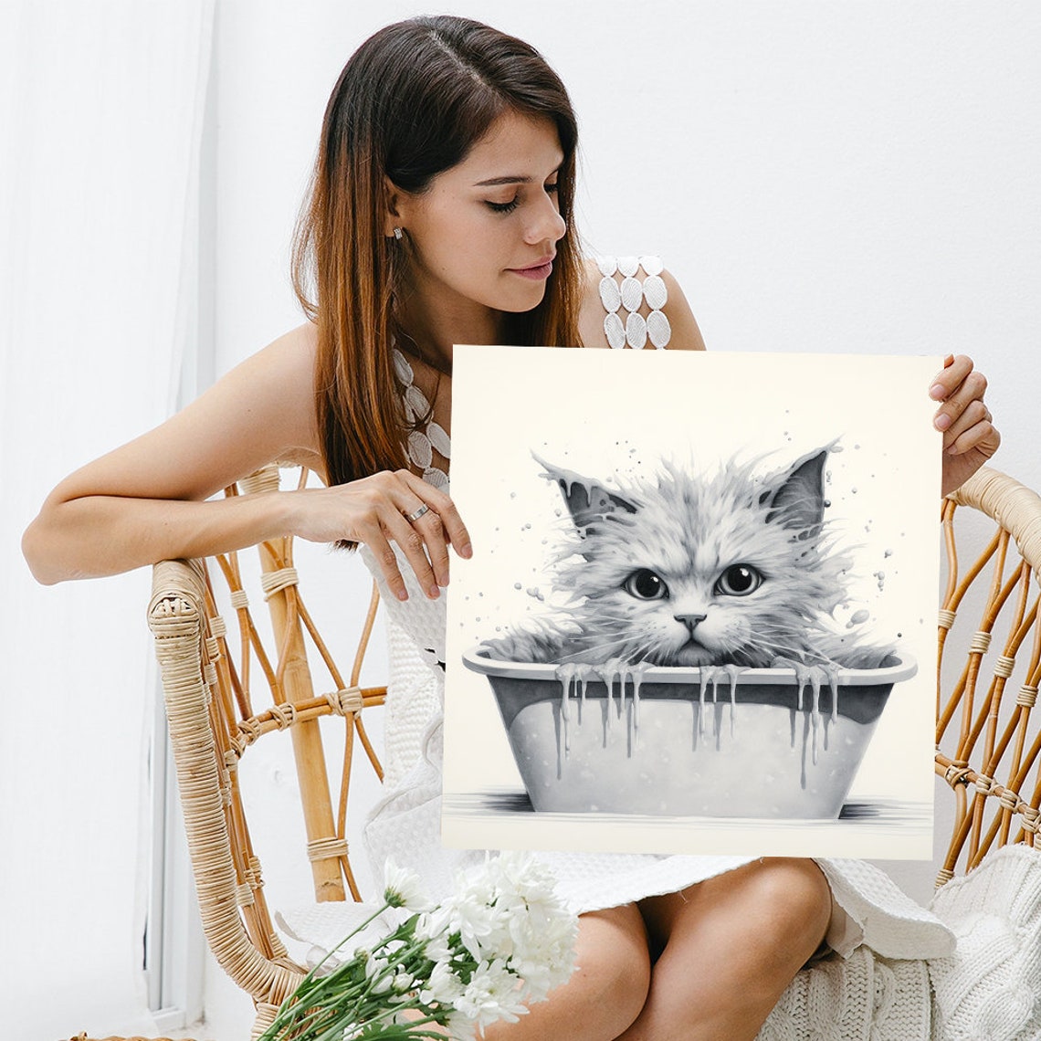 Fluffy Kitten Bath Time in Black and White Sketch Style Poster - Image 3