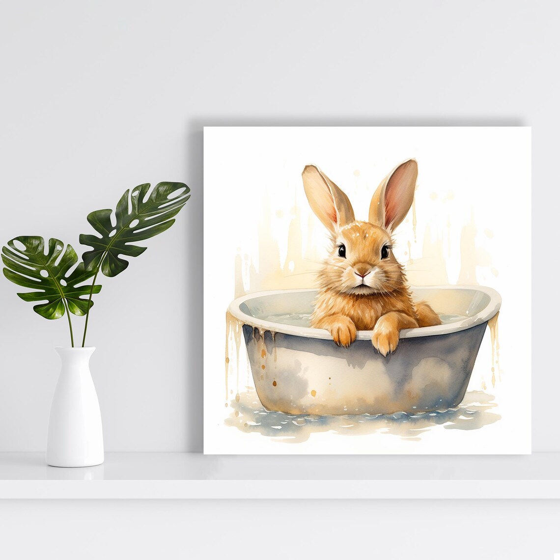 Bunny In Bathtub Watercolor Adorable Rabbit Bath Time Whimsical Nursery Wall Art Print - Image 2