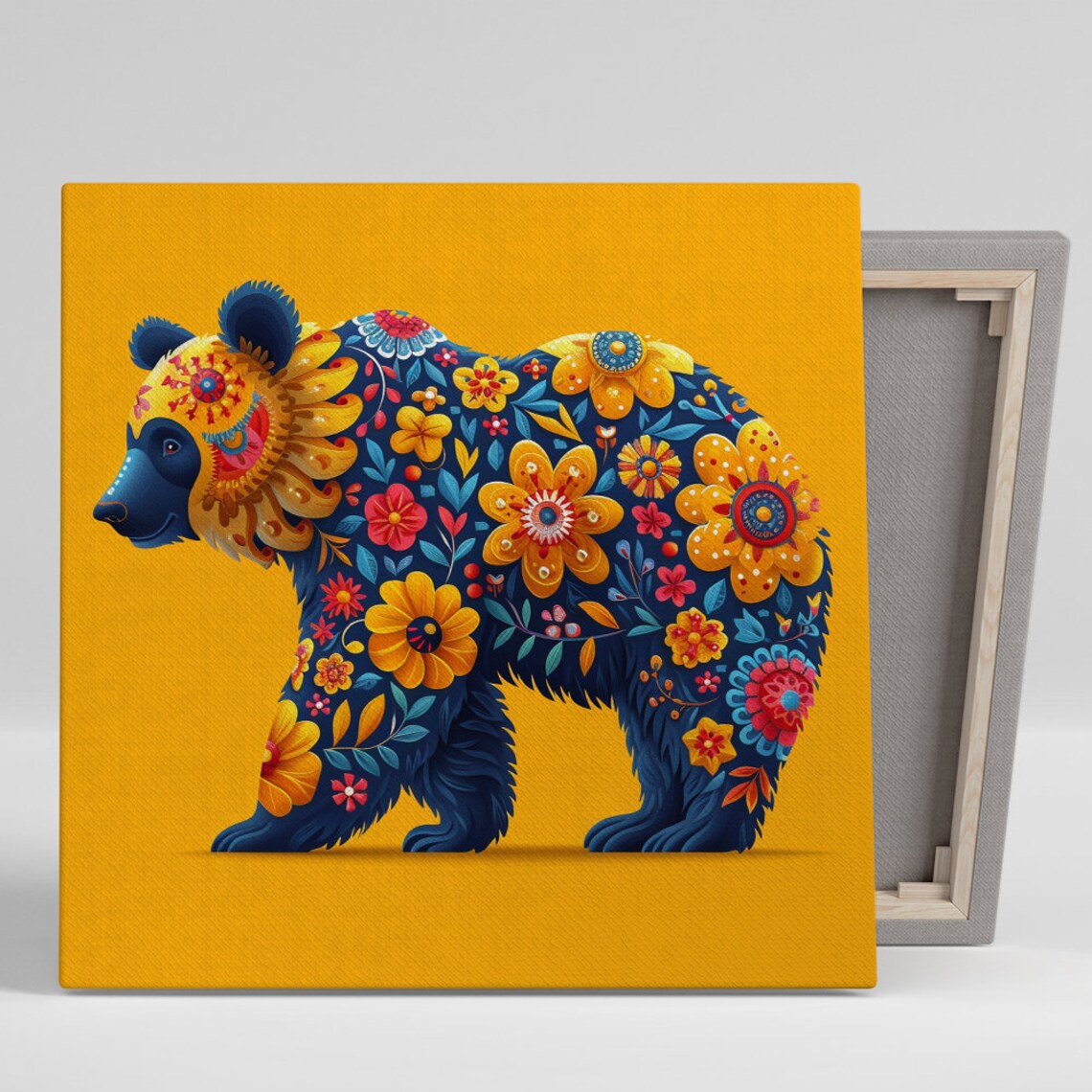 Floral Bear Fantasia Art Or Poster Whimsical Decor Living Room Childrens Room Bedroom Office Wall Art Blue Yellow Orange Red
