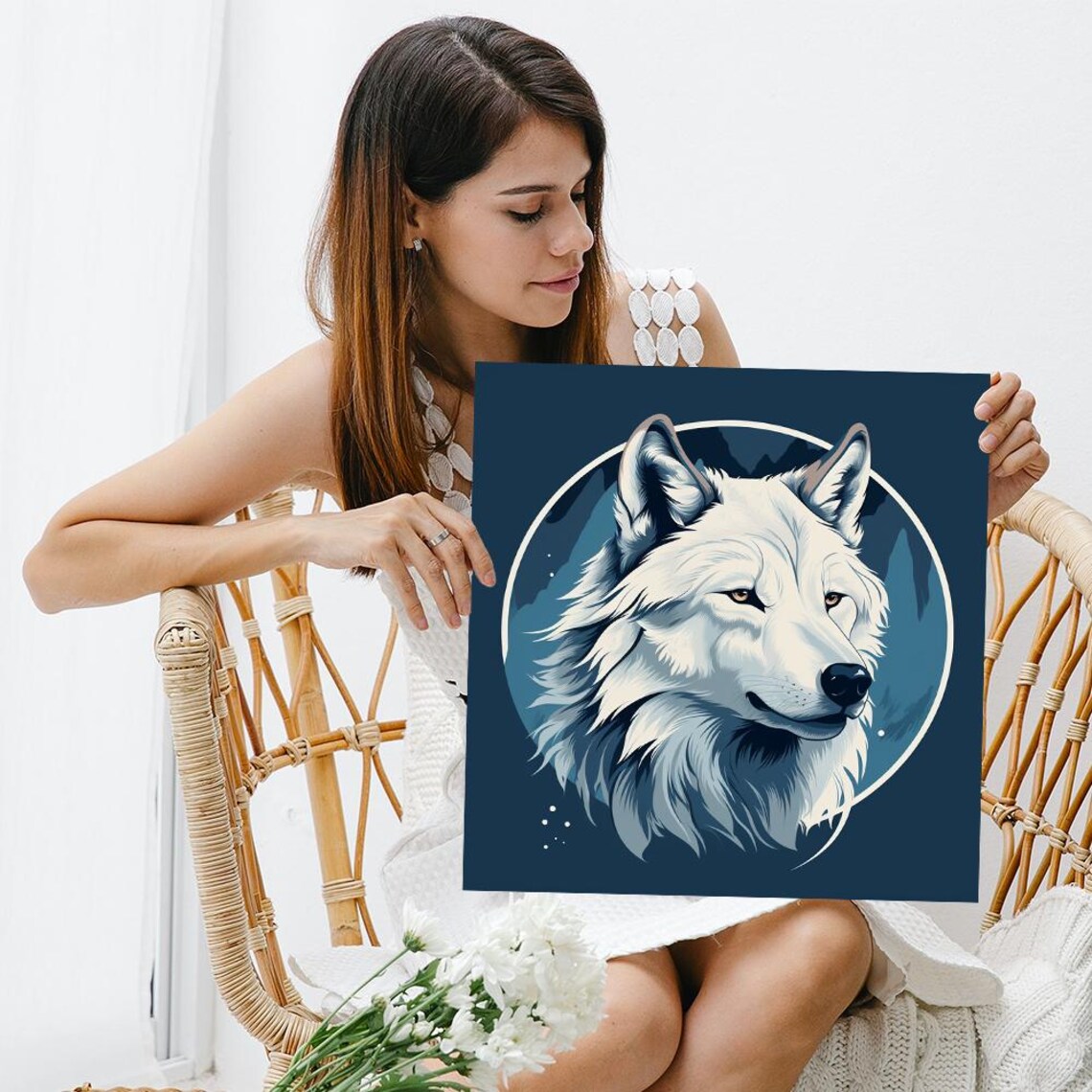 Arctic White Wolf Circle Portrait Navy Background Minimalist Wild Poster - Image 3