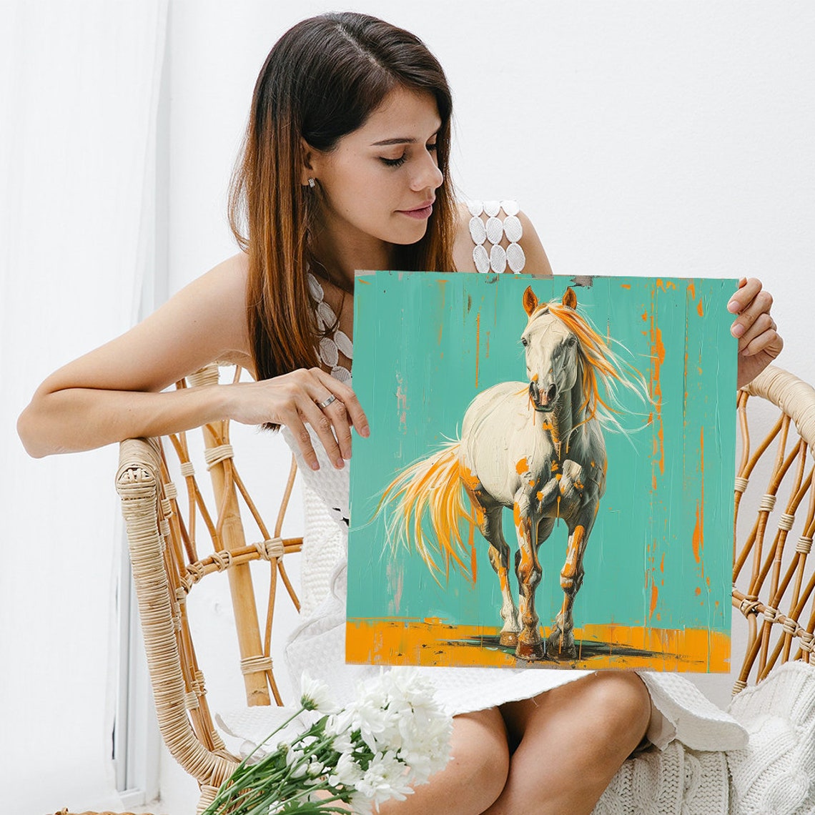 White Horse Splash Poster Turquoise Orange Contemporary Equine Decor - Image 3