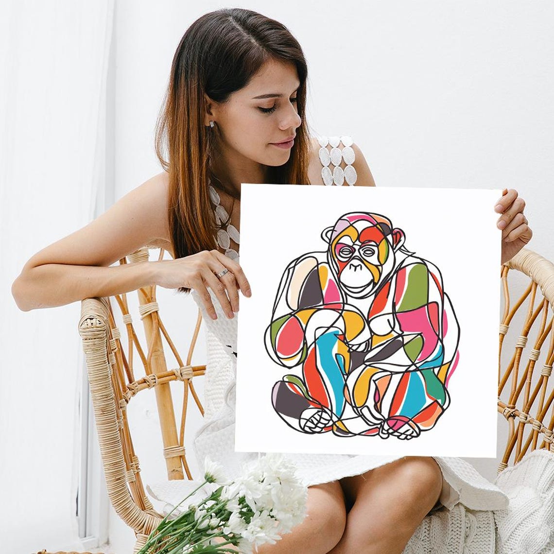 Colorful Abstract Chimpanzee Line Art Modern Pop Wall Art Poster - Image 3