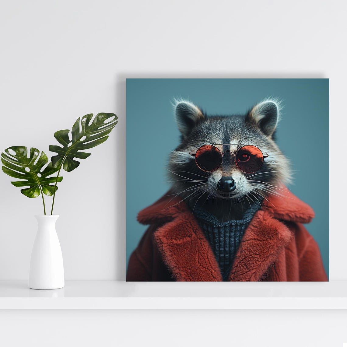 Cool Raccoon In Red Sunglasses And Red Fur Coat Portrait Art Poster - Image 2