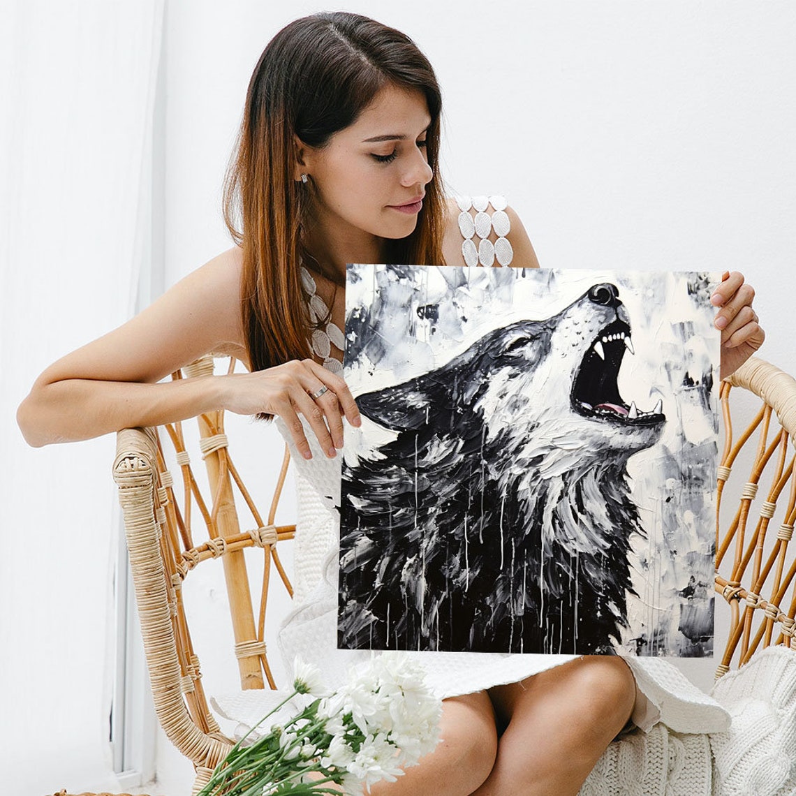 Howling Wolf Black White Splash Paint Dramatic Wildlife Wall Poster - Image 3