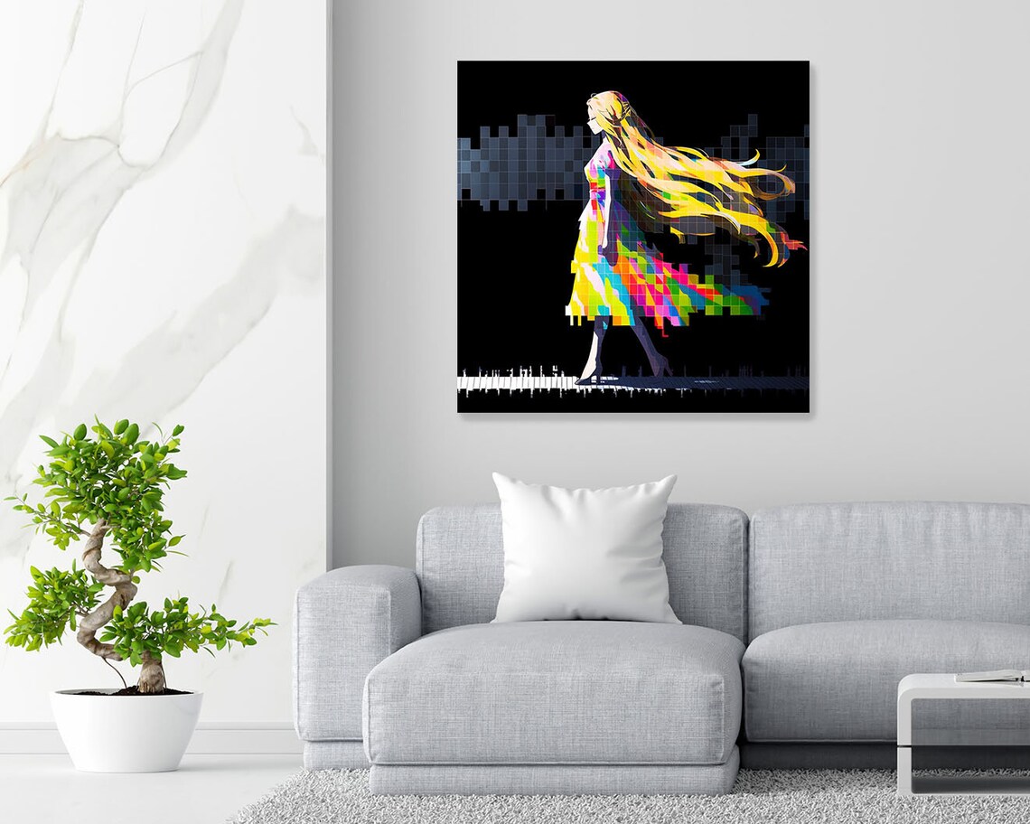 Pixel Art Girl Walking With Flowing Rainbow Hair On Black Wall Poster - Image 2