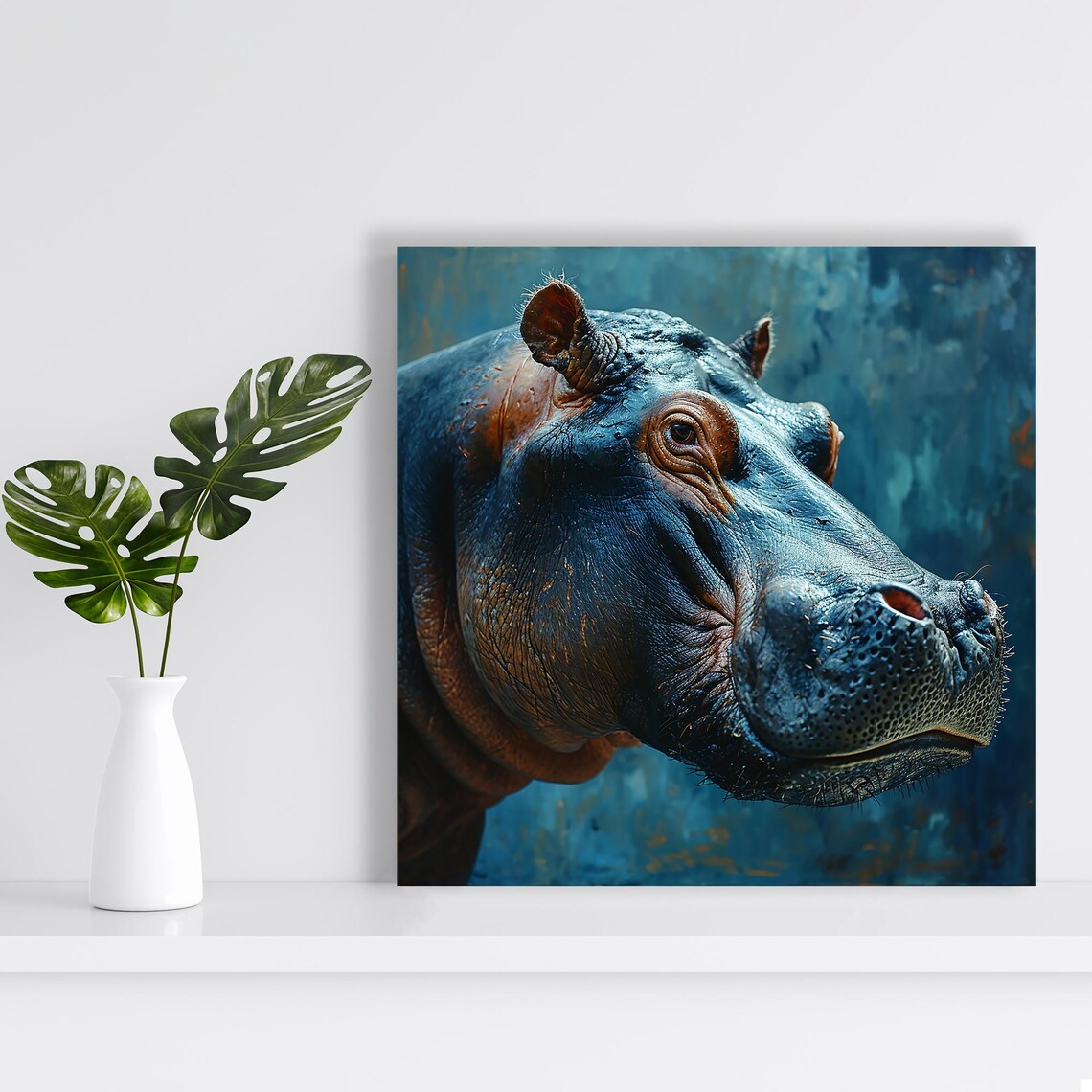 Hippopotamus Portrait Realistic Blue Toned Wildlife Animal Art Poster - Image 2