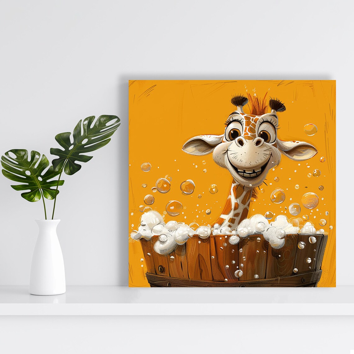 Baby Giraffe Bubble Bath In Wooden Tub Orange Background Fun Nursery Poster - Image 2