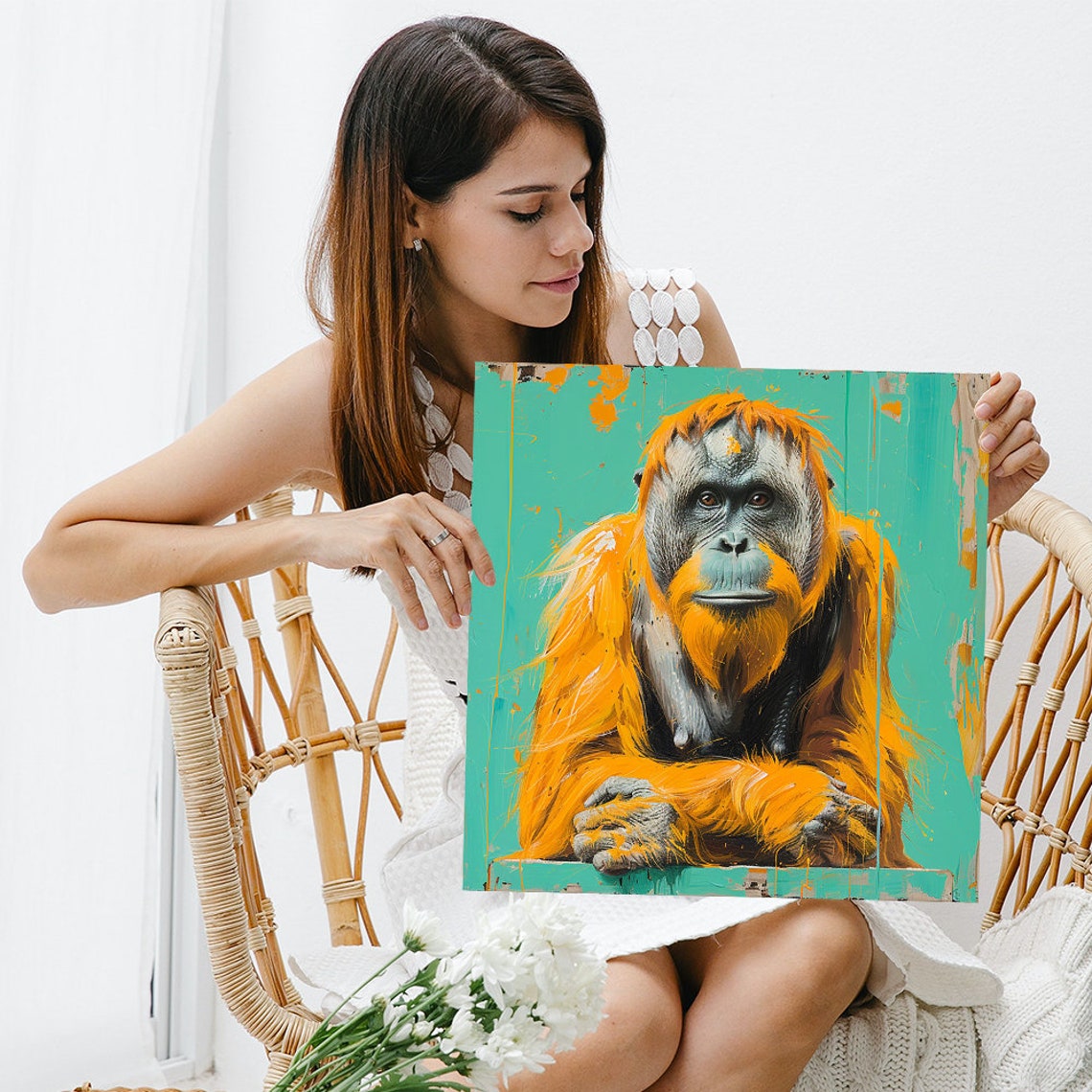 Orangutan Portrait Orange Fur on Teal Painterly Jungle Animal Poster - Image 3