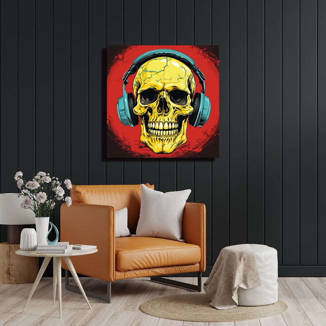 Skull Wearing Headphones Bold Red Background Rock Music Art Poster - Image 2