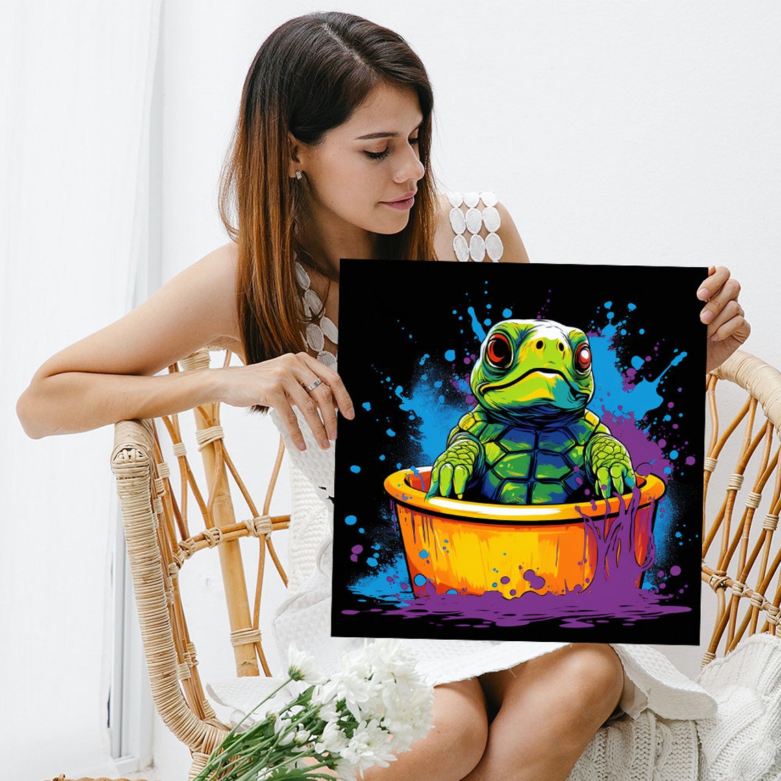 Psychedelic Turtle Orange Bucket Splash Black Wall Art Poster - Image 3
