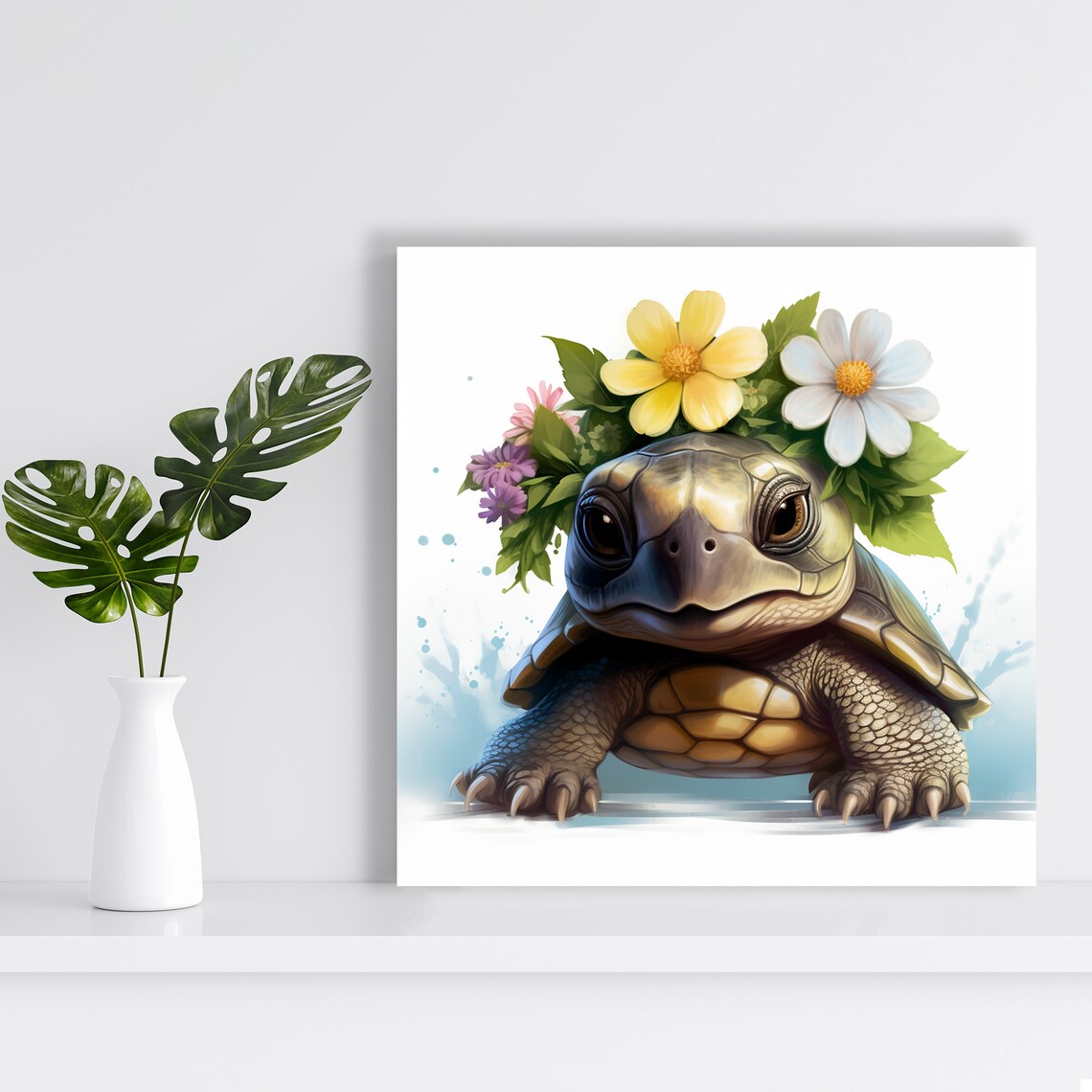 Cute Turtle Flower Crown Portrait Whimsical Nursery Watercolor Poster - Image 2