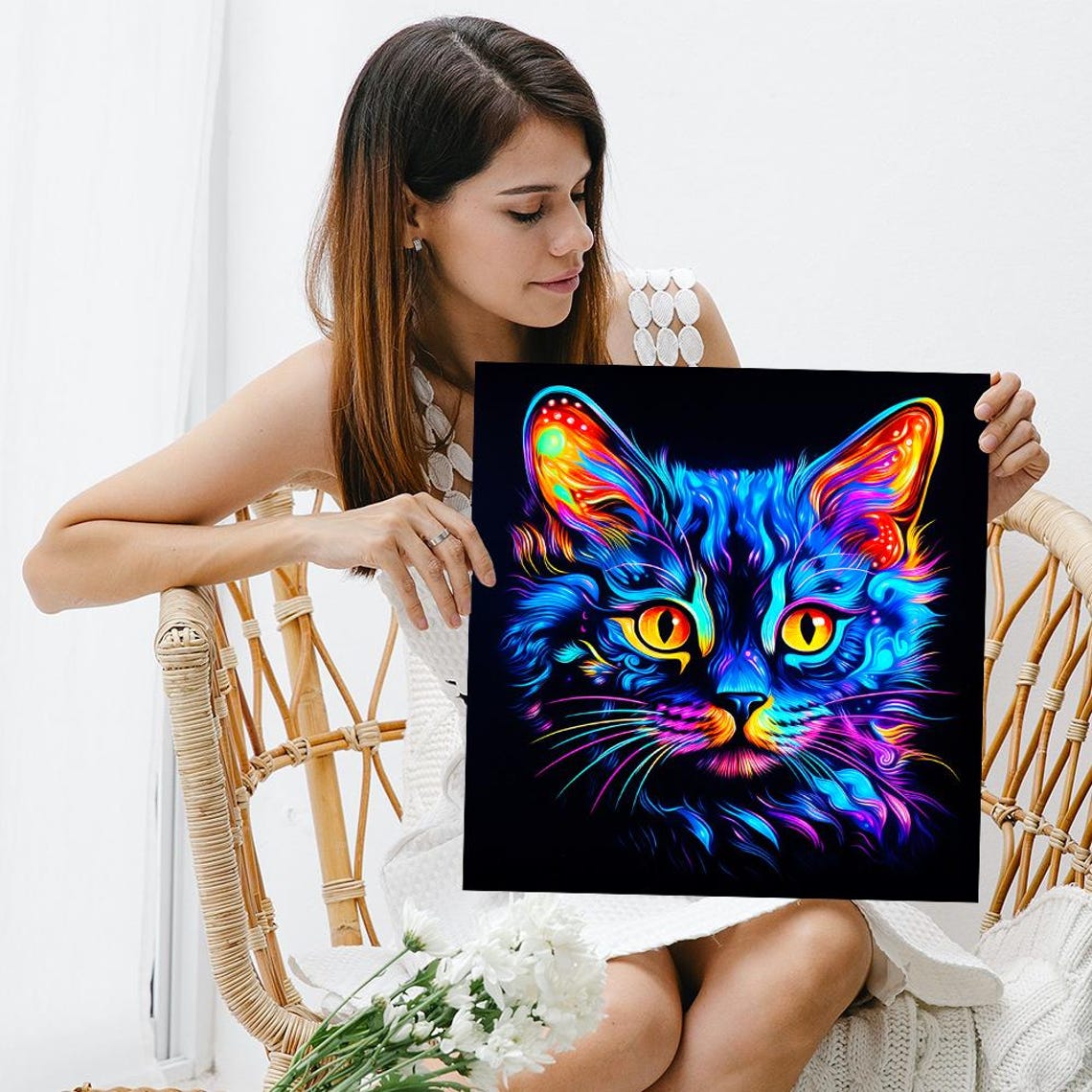 Neon Cosmic Cat Face Glowing Blue Pink Psychedelic Feline Wall Poster - Image 3