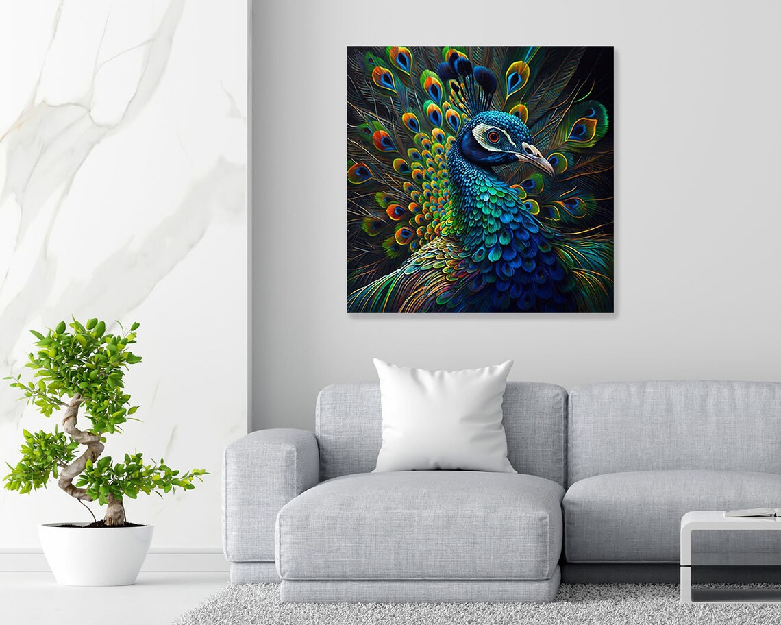 Peacock Fanned Tail Display Dark Regal Wildlife Portrait Art Poster - Image 4