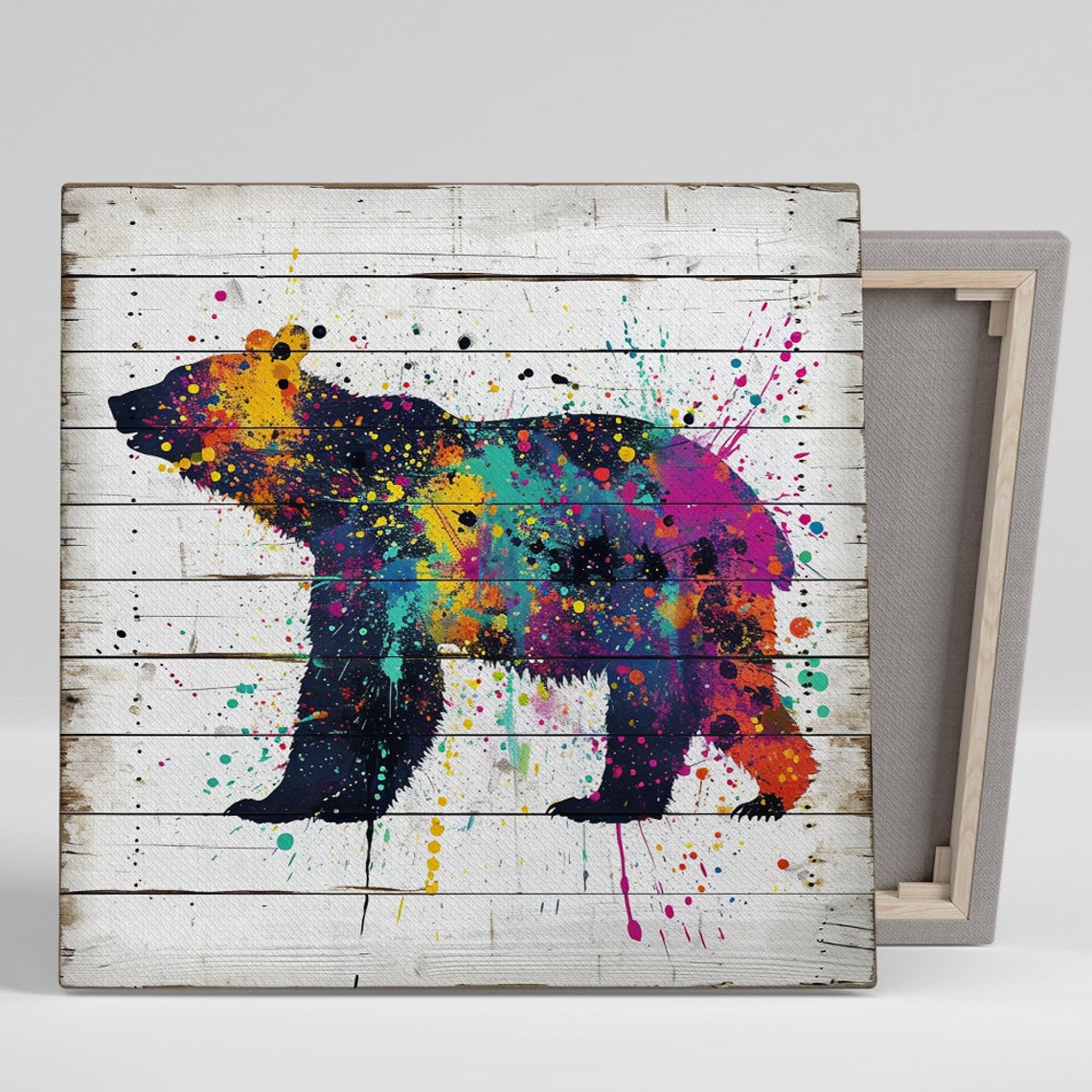 Paint Splash Bear Silhouette Colorful Abstract Wood Background Poster