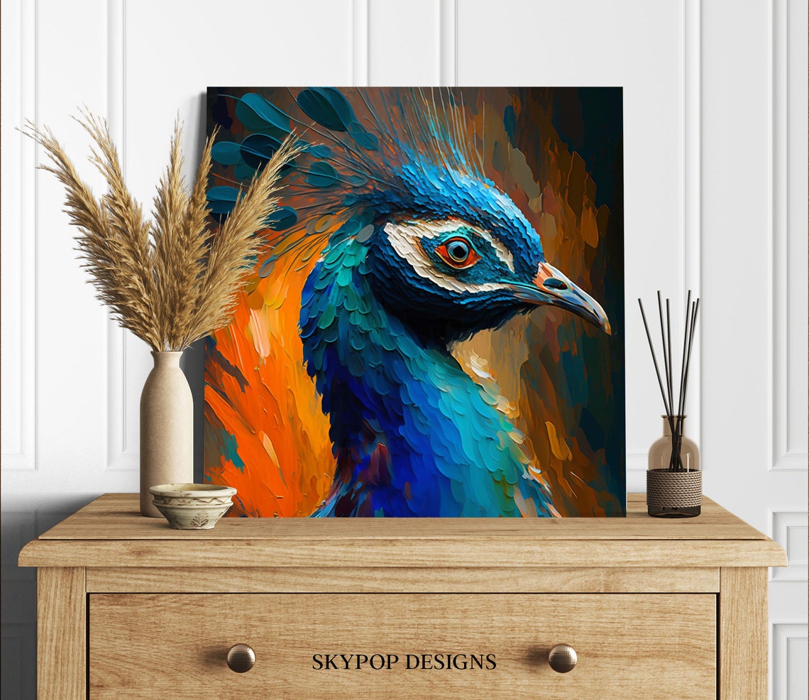 Peacock Head Impasto Orange Blue Bold Expressive Bird Portrait Poster - Image 2
