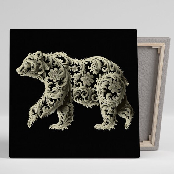 Floral Bear Walking Silhouette Ivory On Black Botanical Elegant Wall Art