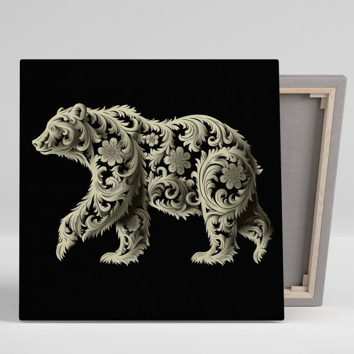 Floral Bear Walking Silhouette Ivory On Black Botanical Elegant Wall Art