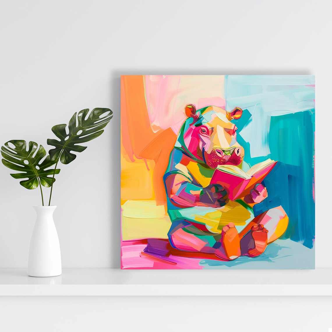Hippopotamus Reading Book Colorful Pop Art Whimsical Nursery Animal Poster - Image 2